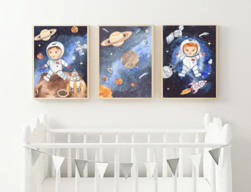 Kit Quadros Infantil Astronautas Foguete e Planetas Aquarela
