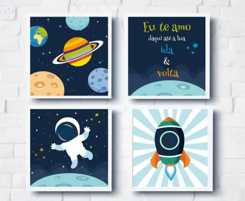 Kit Quadros Infantil Astronauta Foguete Planetas