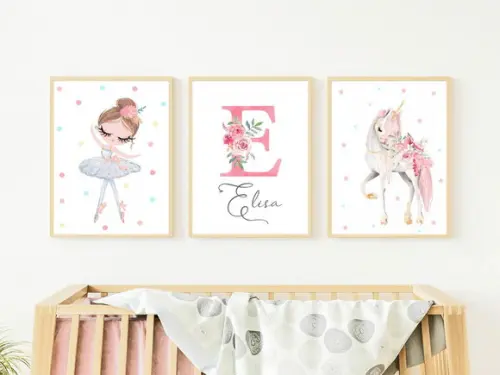 Kit Quadros Infantil Bailarina Unicórnio e Nome Aquarela A4