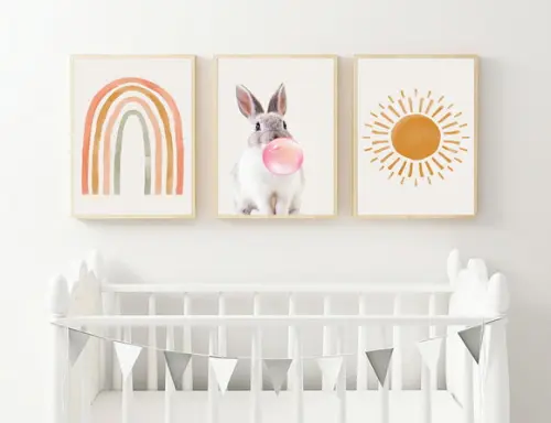 Kit Quadros Infantil Coelho Chiclete Arco Íris e Sol Boho