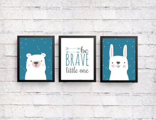 Kit Quadros Infantil Coelho Urso Be Brave Escandinavo A4