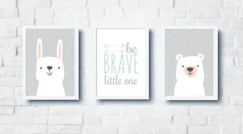 Kit Quadros Infantil Coelho Urso Be Brave Escandinavo A4