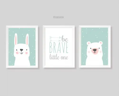 Kit Quadros Infantil Coelho Urso Be Brave Escandinavo A4