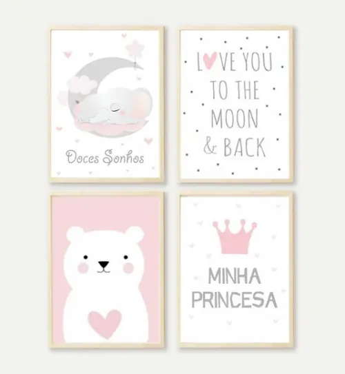 Kit Quadros Infantil Elefante Ursinha I Love You To The Moon