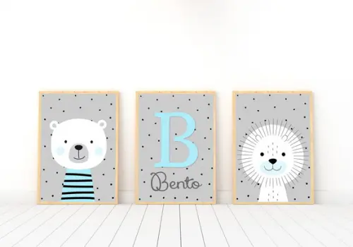 Kit Quadros Infantil Escandinavo Leão Urso e Nome A4
