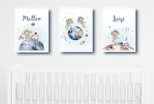 Kit Quadros Infantil Irmãos Astronautas Planetas Aquarela A4