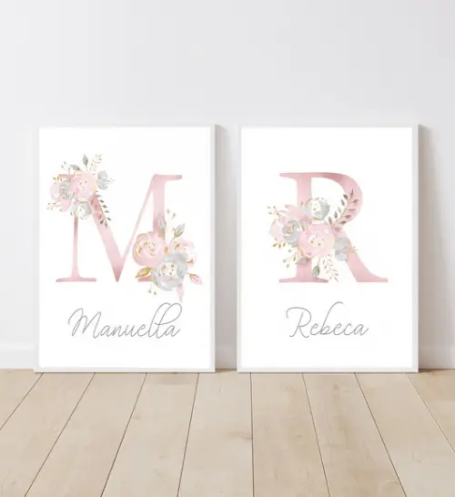 Kit Quadros Infantil Iniciais Nomes Floral Aquarela A4
