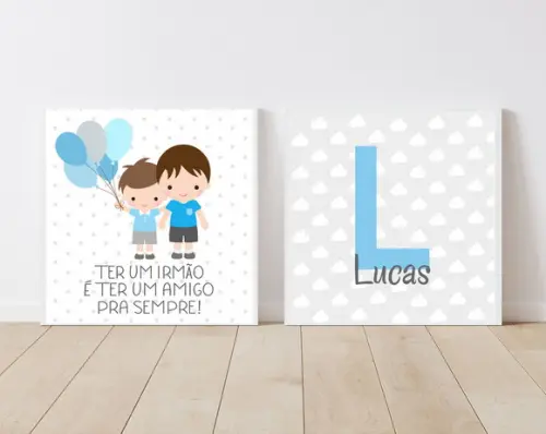 Kit Quadros Infantil Irmãos Balões e Nome