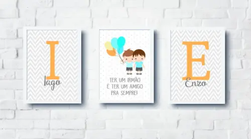 Kit Quadros Infantil Irmãos Balões e Nomes Personalizados