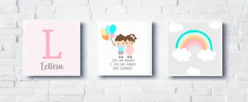 Kit Quadros Infantil Irmãos Balões Nome e Arco Íris