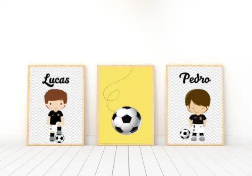 Kit Quadros Infantil Irmãos Jogadores Futebol e Nomes A4