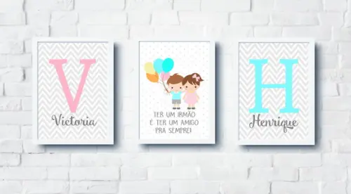 Kit Quadros Infantil Irmãos Balões Nomes A4