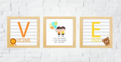 Kit Quadros Infantil Irmãos Meninos Balões e Nomes