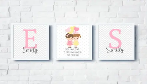 Kit Quadros Infantil Irmãs Balões e Nomes