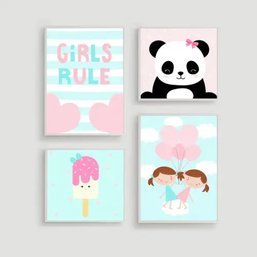 Kit Quadros Infantil Irmãs Balões Panda e Sorvete