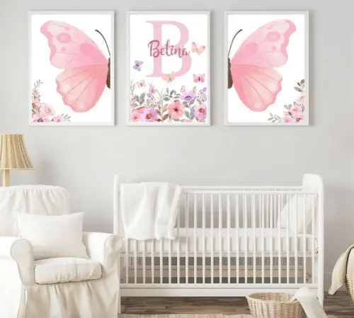 Kit Quadros Infantil Jardim Borboletas e Nome Floral A3
