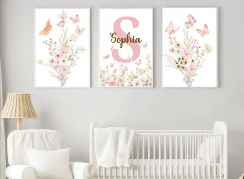 Kit Quadros Infantil Jardim Borboletas e Nome Floral A3