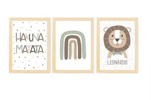 Kit Quadros Infantil Leão Arco Íris e Nome Personalizado A4