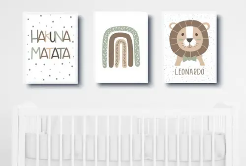 Kit Quadros Infantil Leão Arco Íris e Nome Personalizado A4