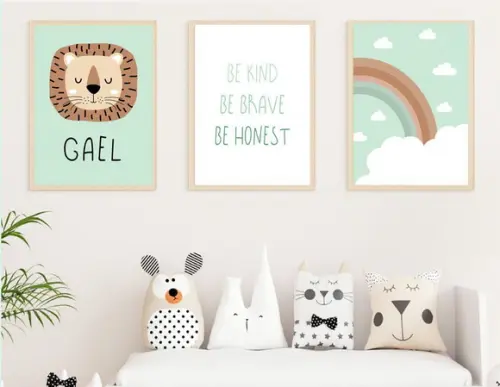 Kit Quadros Infantil Leão Nome Arco Íris e Be Brave A3