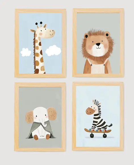 Kit Quadros Infantil Leão Zebra Girafa Elefante Aquarela A3