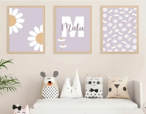 Kit Quadros Infantil Margaridas e Nome Personalizado A3