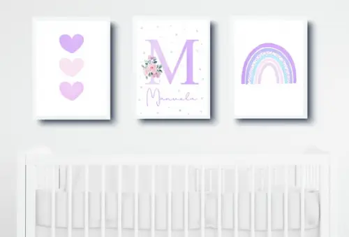 Kit Quadros Infantil Menina Arco Íris Corações e Nome A3