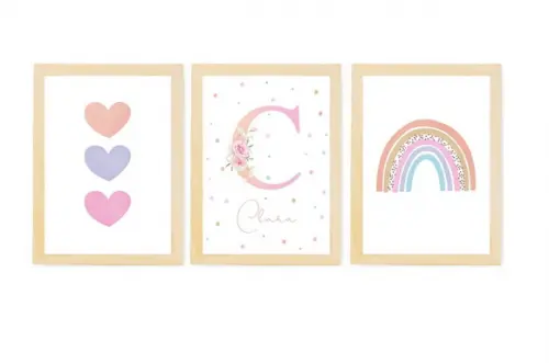 Kit Quadros Infantil Menina Arco Íris Corações e Nome A4
