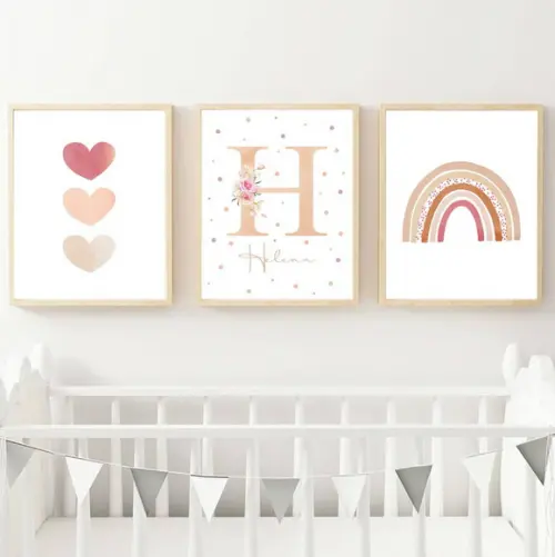 Kit Quadros Infantil Menina Arco Íris Corações e Nome A3