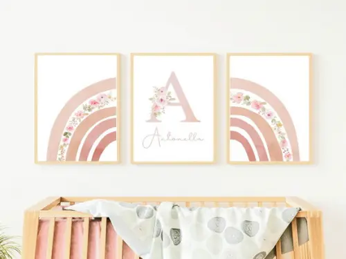 Kit Quadros Infantil Menina Arco Íris e Nome Floral A3