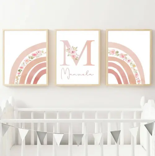 Kit Quadros Infantil Menina Arco Íris e Nome Floral A4