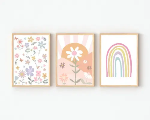 Kit Quadros Infantil Menina Margaridas e Arco Íris A3