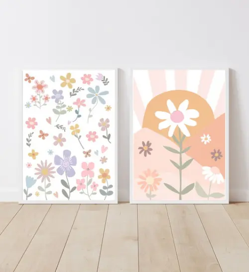 Kit Quadros Infantil Menina Margaridas e Sol Boho A3