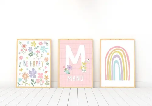 Kit Quadros Infantil Menina Flores Arco Íris e Nome A4