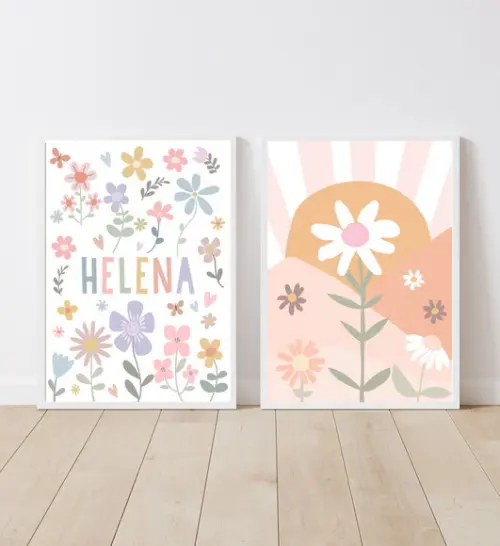 Kit Quadros Infantil Menina Margaridas e Sol Boho A3