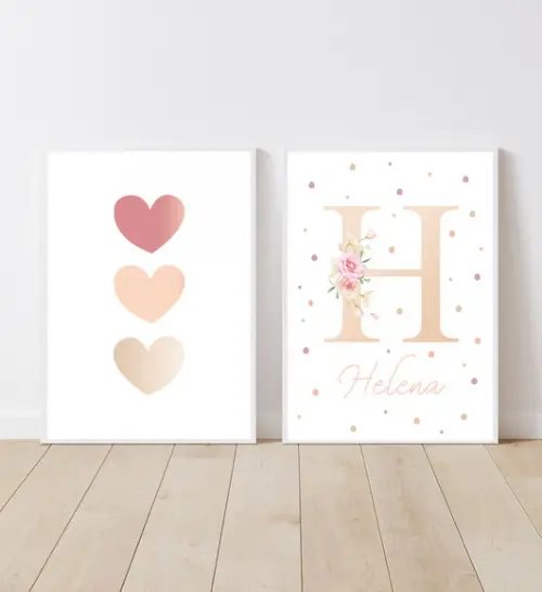 Kit Quadros Infantil Menina Nome Floral e Corações A3