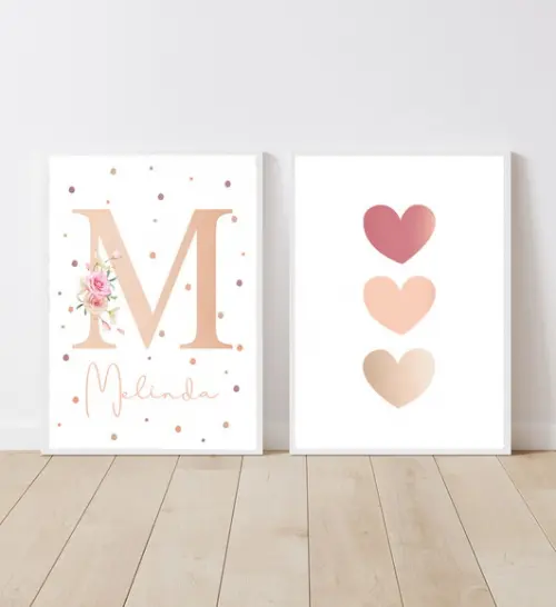 Kit Quadros Infantil Menina Nome Floral e Corações A3