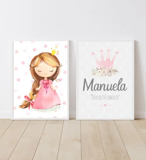 Kit Quadros Infantil Menina Princesa e Nome Personalizado A4
