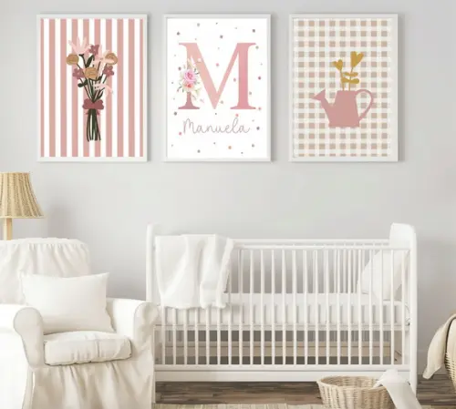 Kit Quadros Infantil Menina Vasos Flores e Nome Floral A3