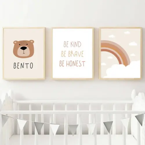 Kit Quadros Infantil Menino Arco Íris Urso e Be Brave A4