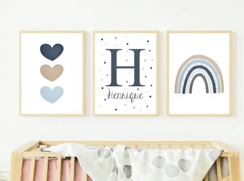 Kit Quadros Infantil Menino Arco Íris Corações e Nome A3