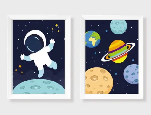 Kit Quadros Infantil Menino Astronauta e Planetas A4