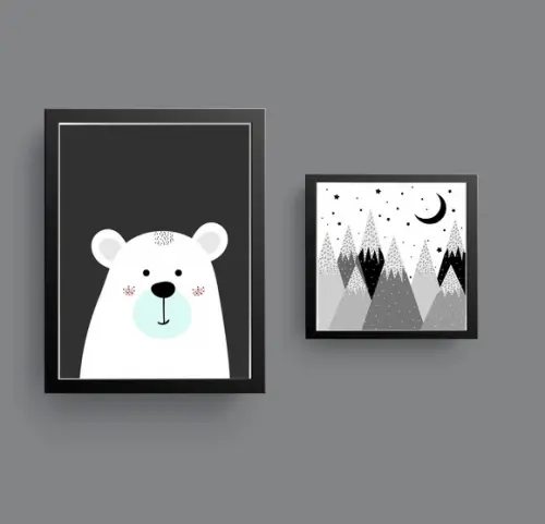 Kit Quadros Infantil Montanhas e Urso Escandinavo