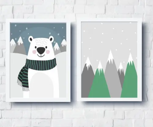 Kit Quadros Infantil Montanhas e Urso Polar de Cachecol A4