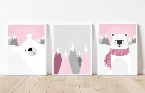 Kit Quadros Infantil Montanhas Rosa e Ursos Polares A4