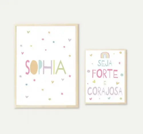Kit Quadros Infantil Nome e Seja Forte e Corajosa
