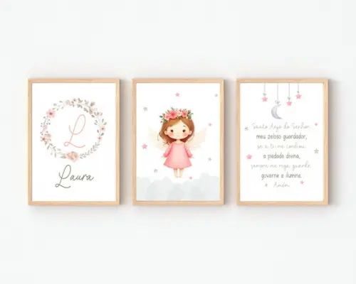Kit Quadros Infantil Nome Floral Anjo e Oração A3