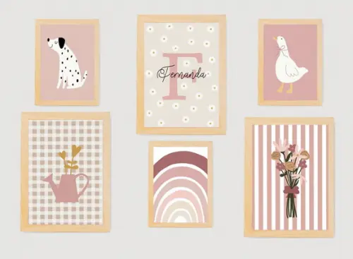 Kit Quadros Infantil Nome Floral Arco Íris Cachorro
