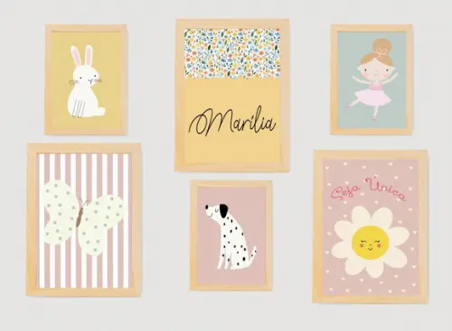 Kit Quadros Infantil Nome Floral Borboleta e Coelho
