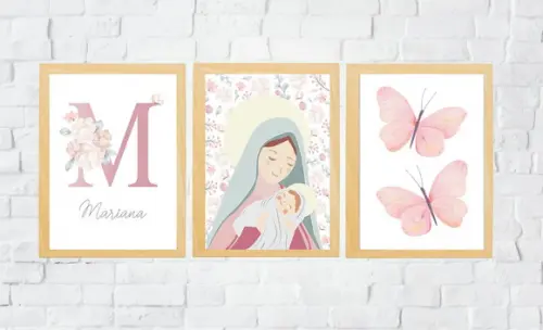 Kit Quadros Infantil Nossa Senhora Borboletas Nome Floral A3